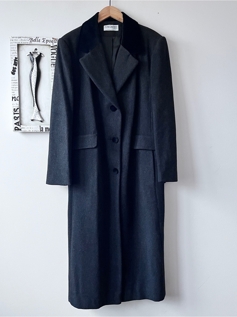 Vintage 90s 100% Wool Dark Gray Trench Dress Coat Velvet Notch Collar Size 16